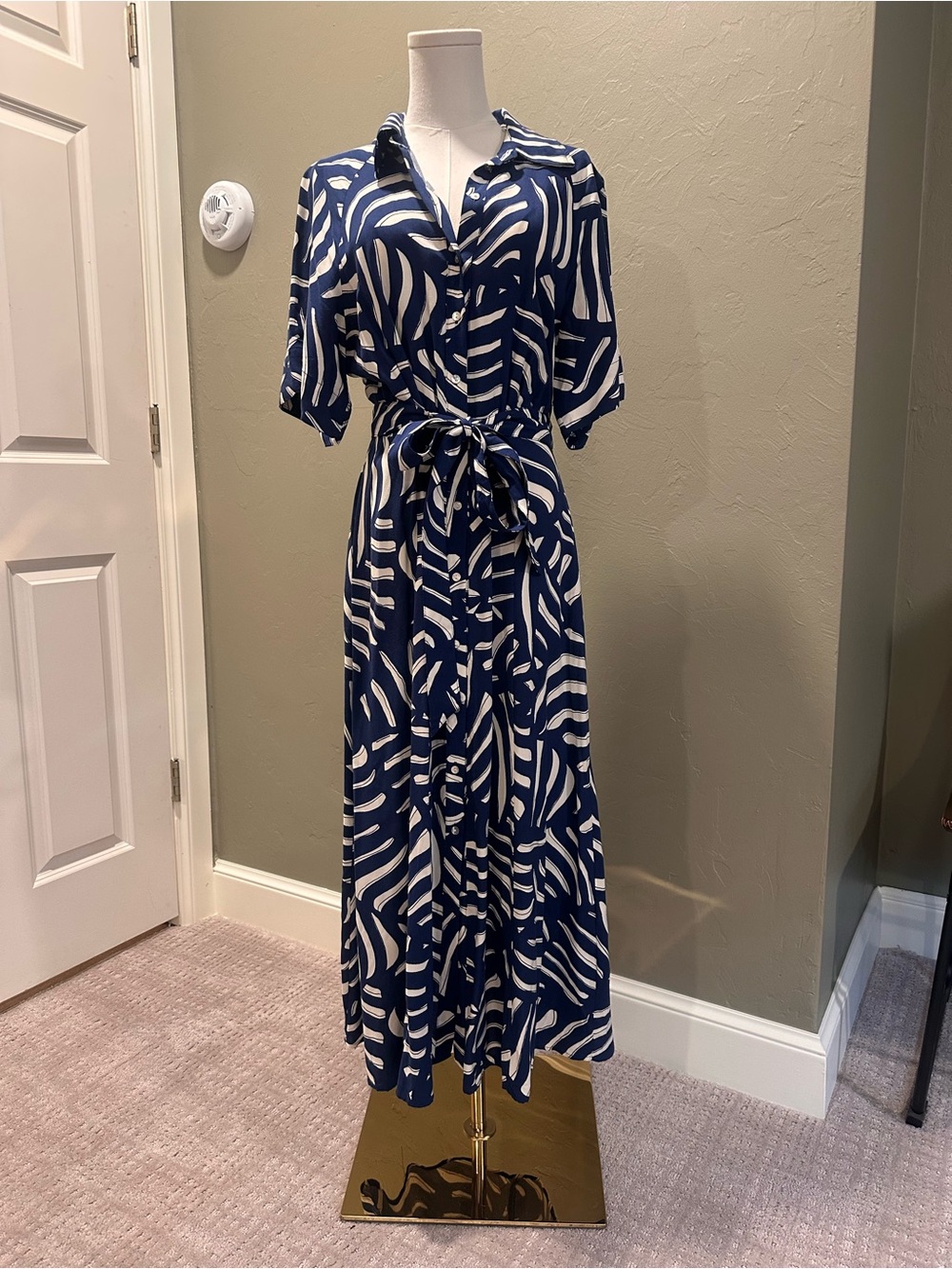 H&M Navy and White Abstract Tie-Front Maxi Dress